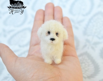 Needle felted Bichon Frise tiny, White shaggy, little Pet dog miniature, OOAK , Handmade mini toy