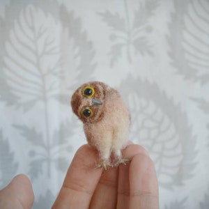 Owl felt miniature, dollhouse miniature bird, Funny Owlet, needle wool felted owl, owl lover gift, OOAK, owlet with bowed head minisculpture