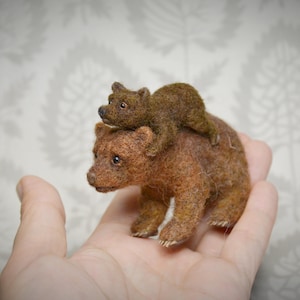 Needle Felted Bear and Cub Wool Sculpture, Poseable Art Doll