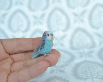 Parrot felted miniature, tiny felted blue budgerigar,  needle felted bird miniature