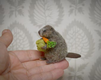 Beaver Felted Miniature, OOAK Handmade Collectible Figurine