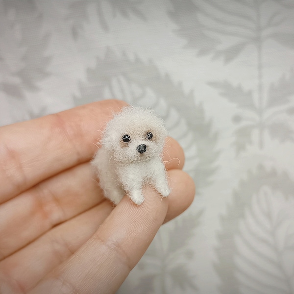 Needle felted Bichon Frise tiny, White shaggy, little Pet dog miniature, OOAK , Handmade mini toy