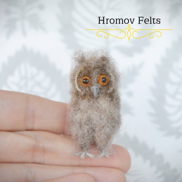 Owl fluffy, brown fluffy owlet, Tiny needle felt owlet, bird dollhouse miniature, owl lover gift, OOAK, mini sculpture, micro