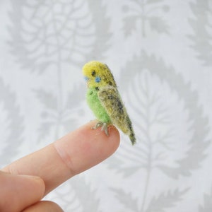 Budgerigar needle felted miniature, Miniature Green Parakeet – Tiny Wool Bird Sculpture for Dollhouse or Pet Lover Gift