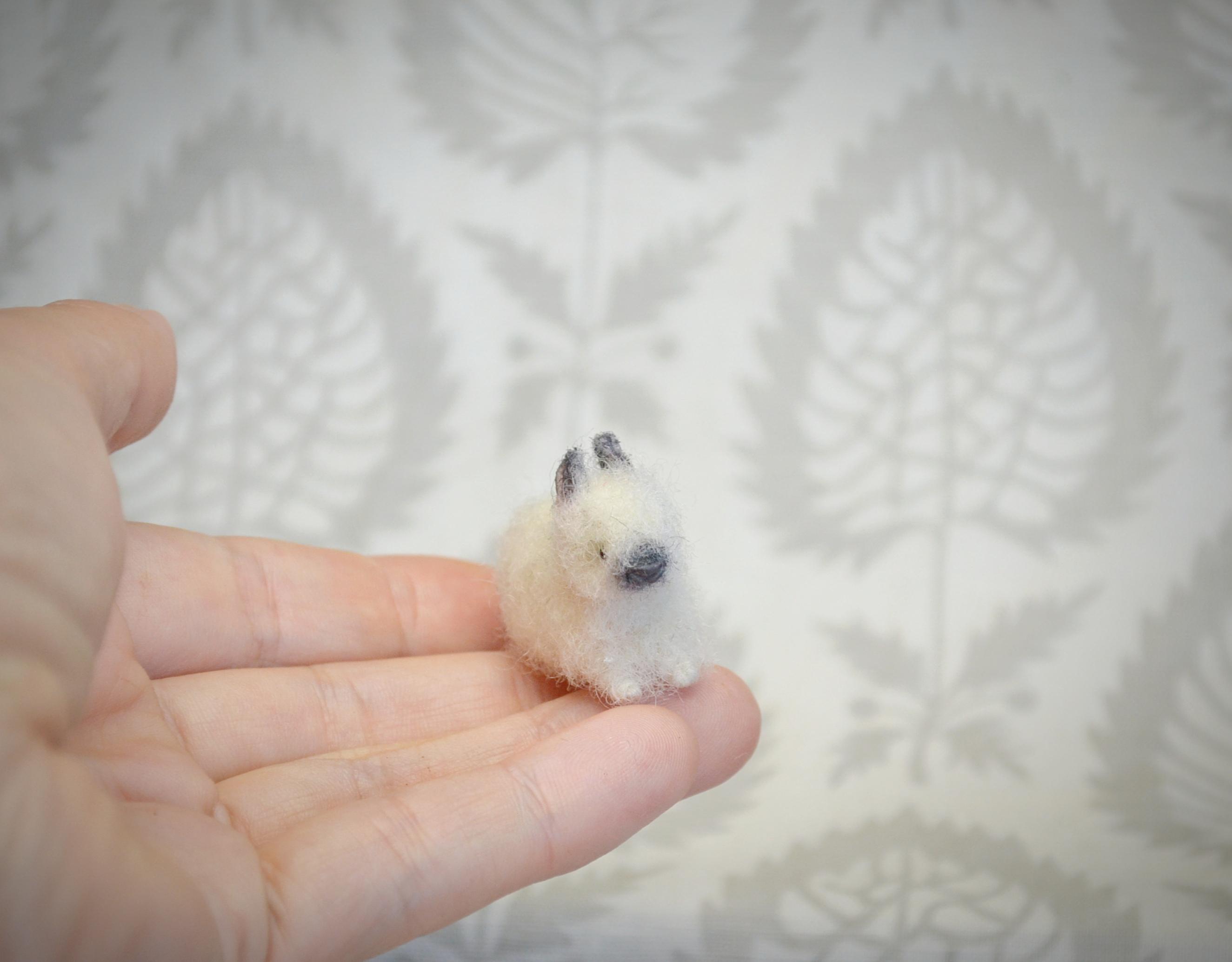 Fluffy White Rabbit Needle Felted Miniature, Wool Bunny, Dollhouse