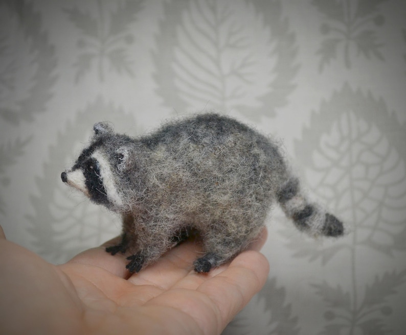 Handcrafted needle felt raccoon – small decorative wool figurine