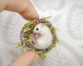 Little sleeping mouse  in the nest cradle miniature, Dollhouses animal  Needle felted micro mouse , animals dolhouse miniature, OOAK