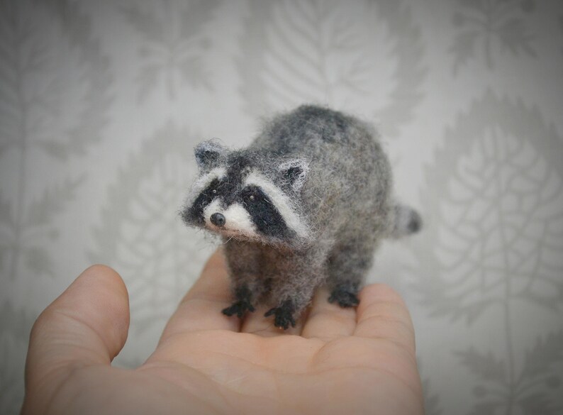 Cute needle felt raccoon – whimsical wool animal art piece