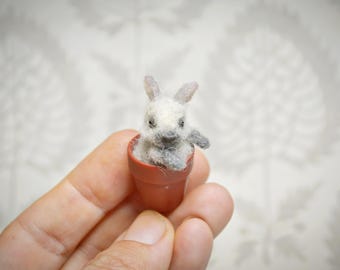 Needle Felted Bunny in Flower Pot, dollhouse miniature, bunny lover gift