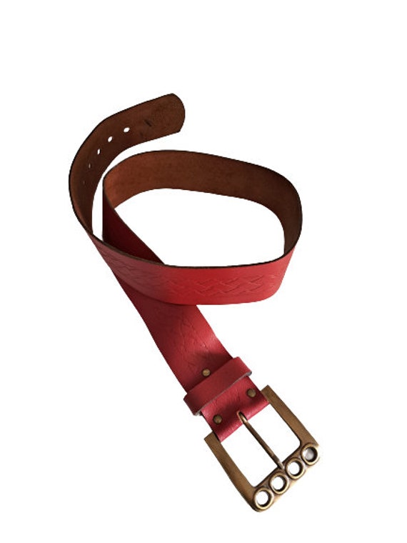 Vintage Women's Genuine Leather Red Belt, Wide Ca… - image 3