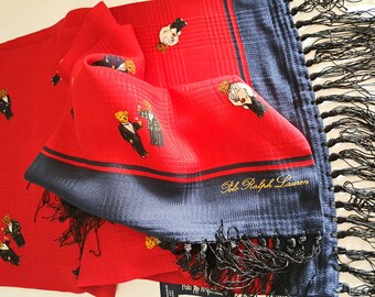 Vintage Polo Ralph Lauren Silk Scarf: Martini Bear Plaid, Fringed