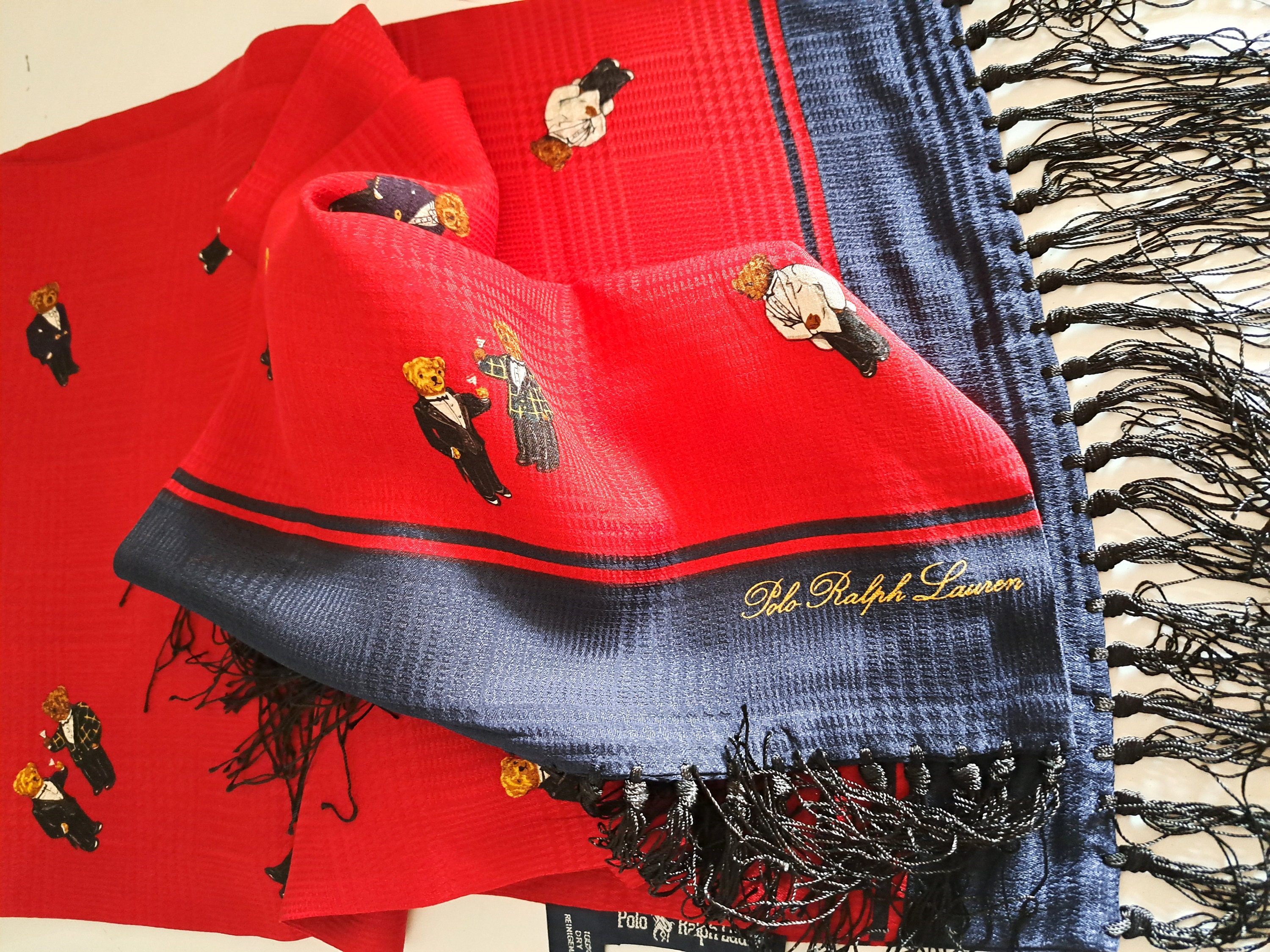 Vintage Polo Ralph Lauren Silk Scarf Martini Bear Red Black Vintage Polo Ralph Lauren Silk Scarf Martini Bear Red Black