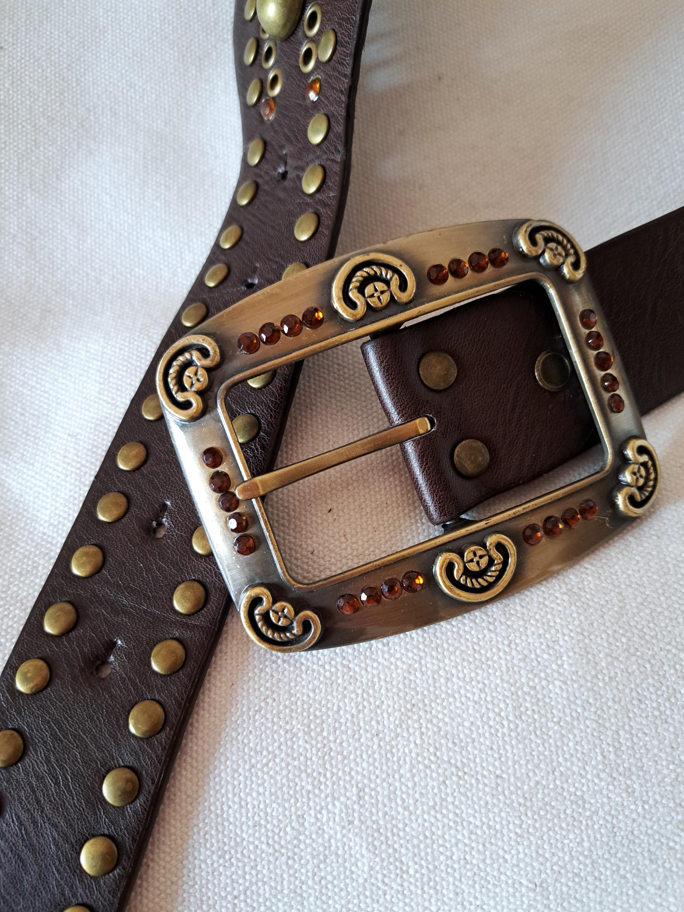 Vintage Vera Pelle Brown Leather Belt: Wide Studded 