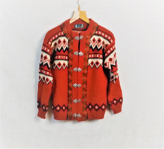 Vintage Kaare Gjose Norway Red White Wool Cardigan
