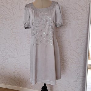Vintage Noa Noa Silk Dress, Sequin Embellished Dress, Pale Gray Short Puff Sleeve Dress, A-Line Knee-Length Dress