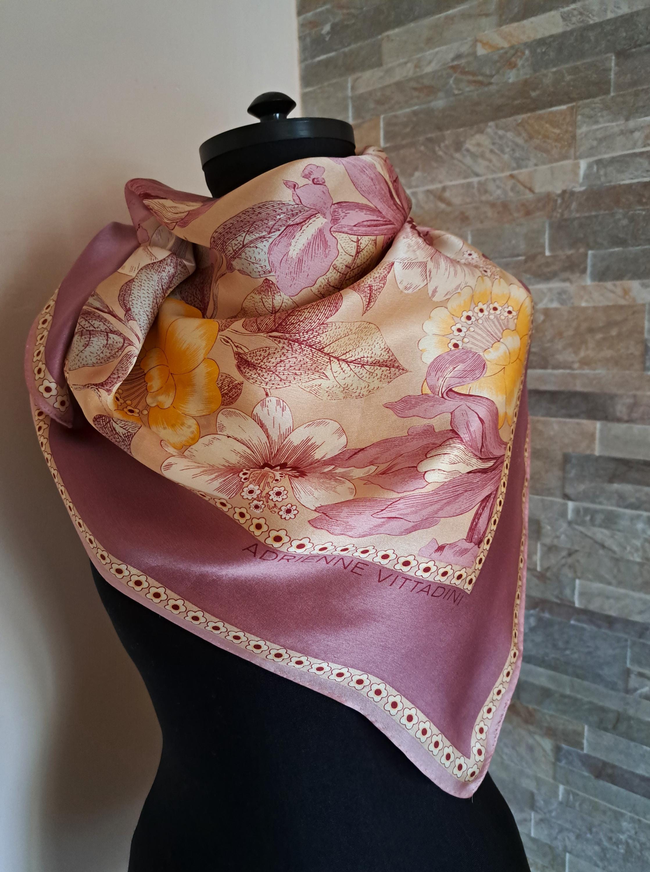 Adrienne Vittadini Vintage Silk Scarf Purple Beige Floral Large