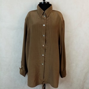 Vintage 80s Peter Hanh Carat Exclusiv Collection Silk Shirt Tobacco Pleated Silk Blouse, Large Size