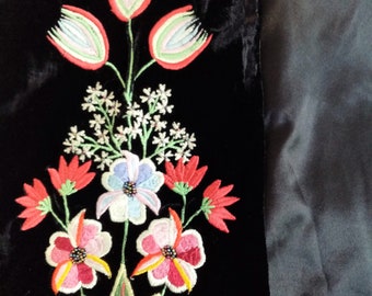 Vintage Velvet Long Scarf, Black Double-Sided Fringed Scarf, Burnout Shawl with Embroidery