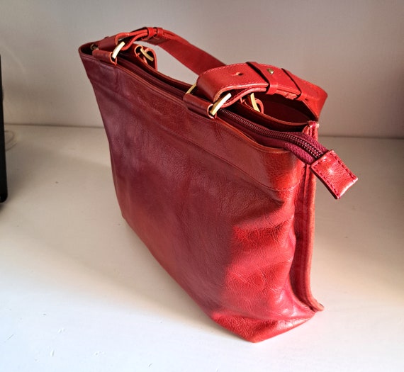 Vintage French Leather Bag Red Genuine Leather Ha… - image 3