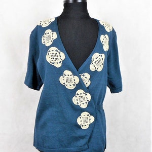 Vintage Decorative Appliqué Cardigan Peruvian Connection Wrap Cardigan Green 100% Pima Cotton Large image 2