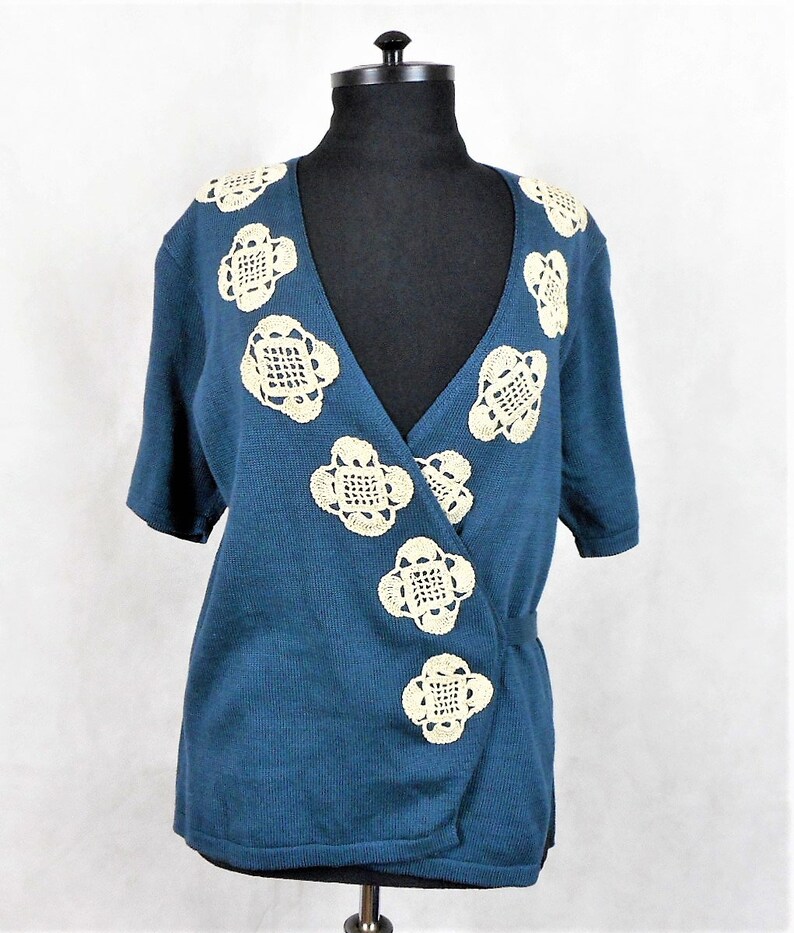 Vintage Decorative Appliqué Cardigan Peruvian Connection Wrap Cardigan Green 100% Pima Cotton Large image 2