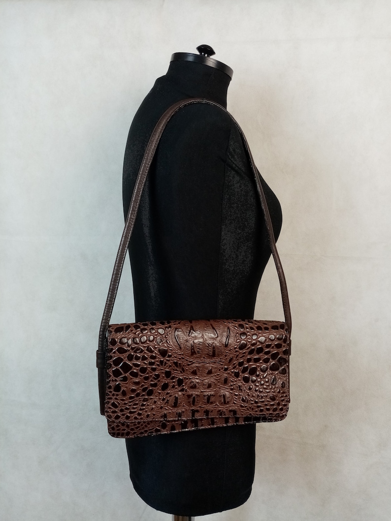 Croc Embossed Handbag, Genuine Cow Leather Purse, Brown Small Shoulder Bag, Made in India image 10