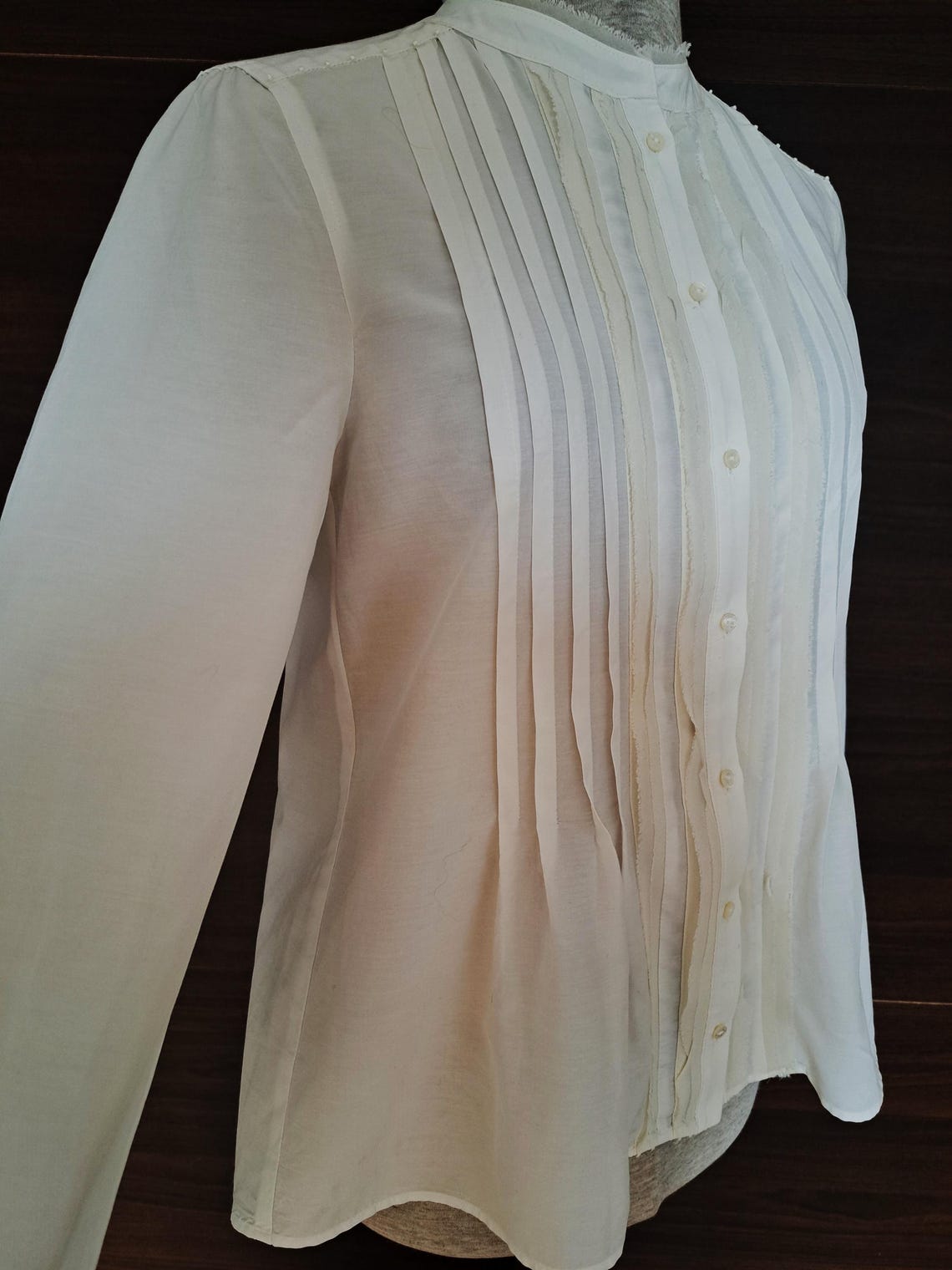 Vintage Marc Cain Sports White Creamy Cotton/Silk Shirt Pintuck Fine Ruffle, M, photo 3 of 5