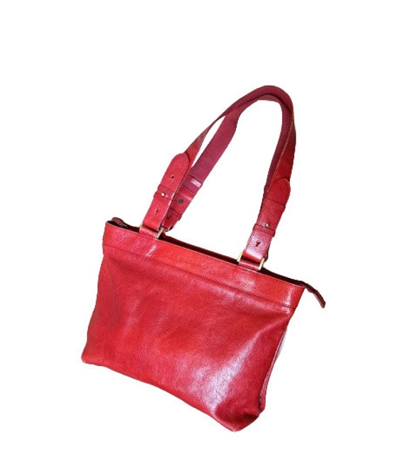 Vintage French Leather Bag Red Genuine Leather Ha… - image 1
