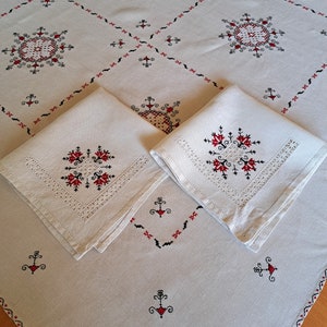 Antique Linen Tablecloth: Hand Embroidered Lagartera, Spain - 40.5&quot; Square