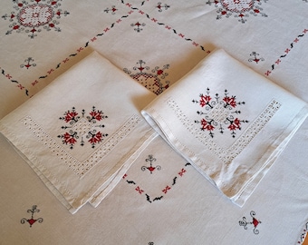 Antique  Linen  &quot;Lagartera&quot; Embroidered Tablecloth with 2 Napkins, Natural Linen Tablecloth, Spanish Embroidery Square Tablecloth