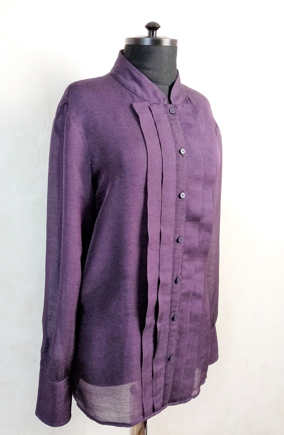 Vintage Thomas Pink Wool Silk Blouse: Purple Pleated Shirt, Size 12, photo 3 of 5
