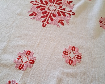 Vintage 50s Embroidery Tablecloth, Red Pink Decorative Embroidery, Etamin Embroidered Table Cover