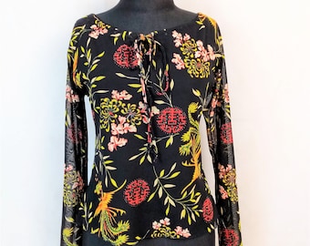 Top maille femme, Noir Multicolore Imprimé Floral Mesh Blouse Taille M