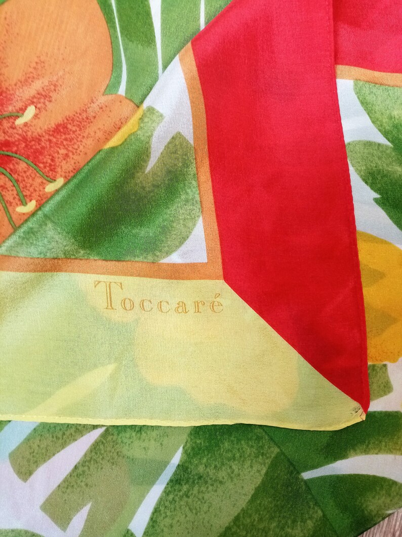 Vintage Yellow Green Orange Flowers Printed Silk Scarf, Toccare Square Silk Scarf image 4