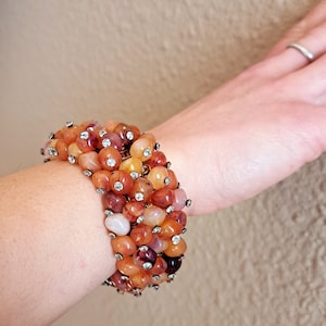 Vintage Natural Rhinestone Bead Bracelet, Wide Cuff Stretch Bracelet