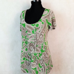 Etro Milano paisley-viscosetop: groen-grijs gebreide blouse, maat 44