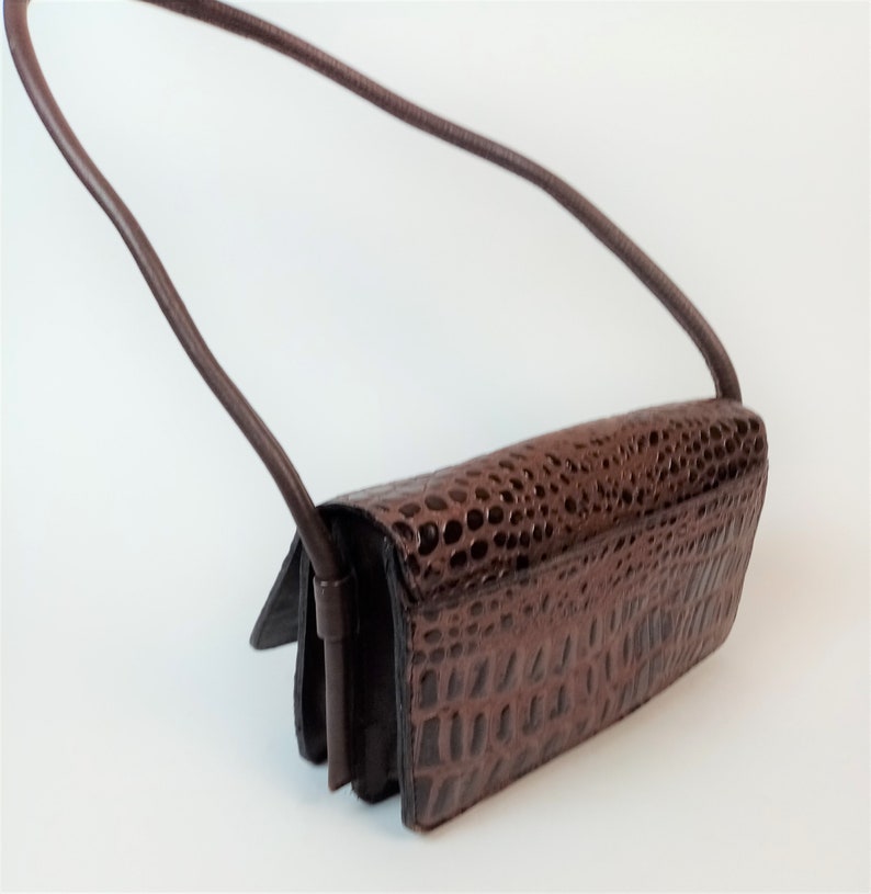 Croc Embossed Handbag, Genuine Cow Leather Purse, Brown Small Shoulder Bag, Made in India image 3