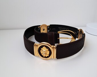 Vintage Brown Leather Belt: Gold Lion Head Links, Made in  display picture 1