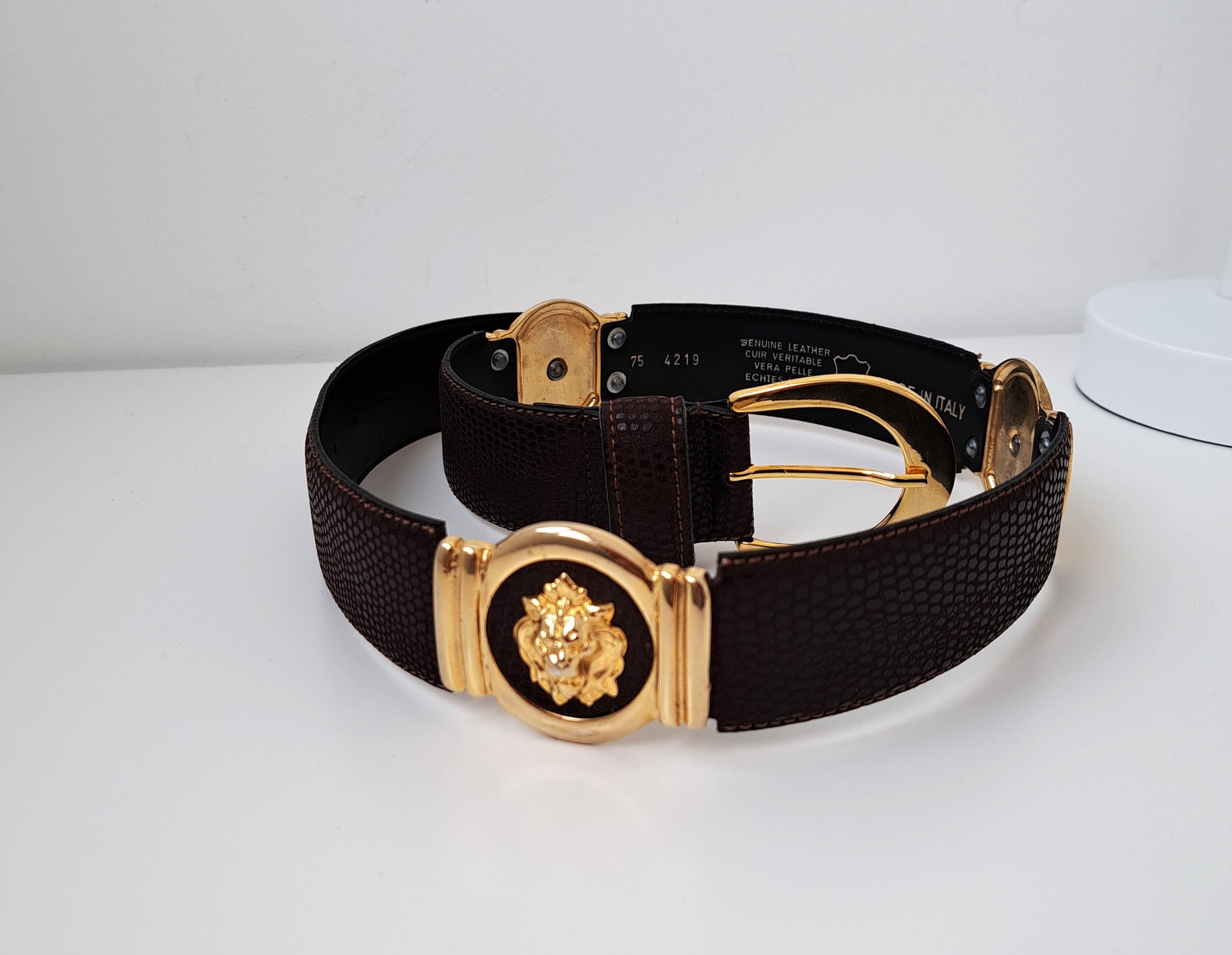 Vintage Brown Leather Belt: Gold Lion Head Links, Made in Italy