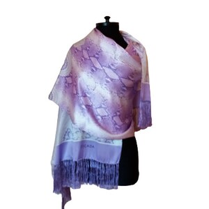 Vintage 90s Escada Long Silk Scarf, Purple White Shawl, Snake and Paisley Print Silk Wrap with Fringe image 2