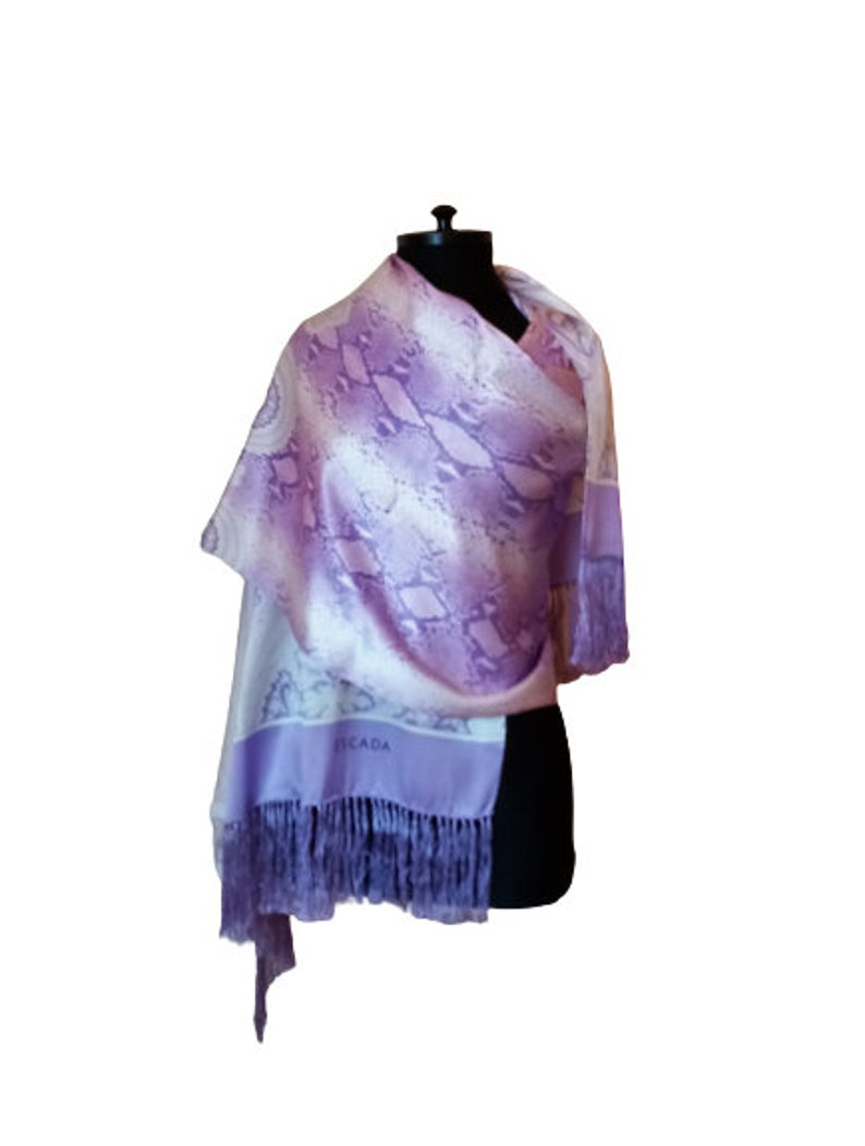 Vintage 90s Escada Long Silk Scarf, Purple White Shawl, Snake and Paisley Print Silk Wrap with Fringe image 2