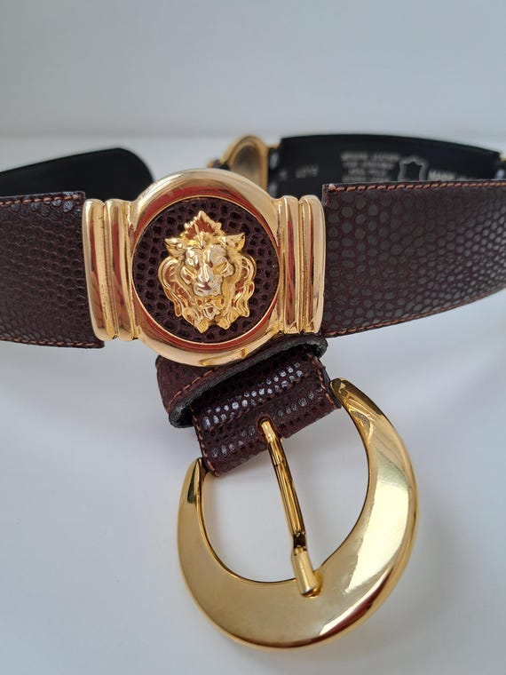 Vintage Brown Leather Belt: Gold Lion Head Links, Made in  display picture 1