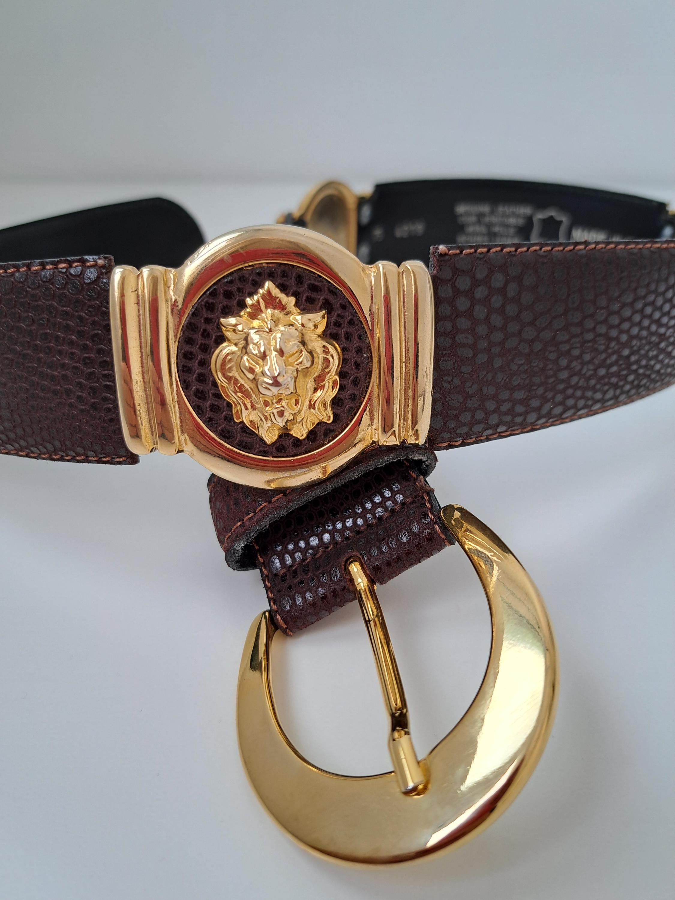 Vintage Brown Leather Belt: Gold Lion Head Links, Made in Italy