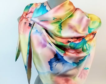 Double Sided Silk Scarf,  Painted Psychedelic Flowers Scarf, Pastel Colors Silk Scarf, Triangular Large Silk Scarf