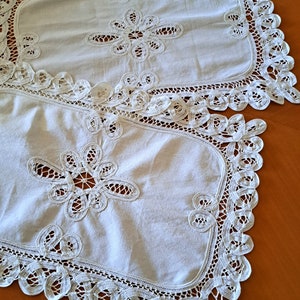 Lot of 2 Vintage Battenburg Lace Handmade Embroidery Cotton Doilies Tea Party Napkins