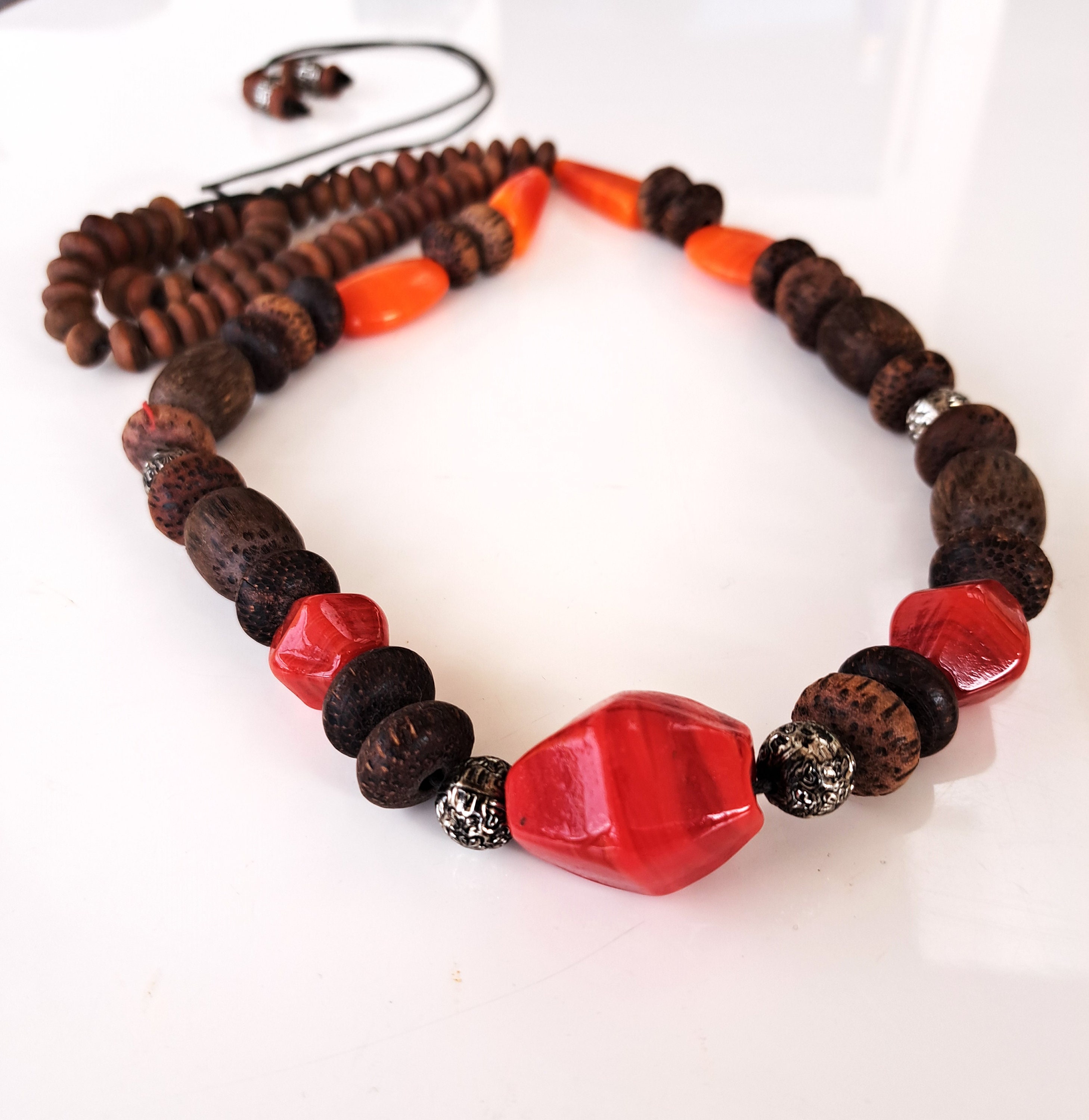 Vintage Large Stone and Wood Bead Necklace - Etsy