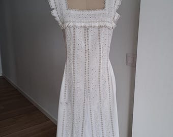 Antique 1930s Fully Hand-Embroidered Cotton Petticoat Apron with Eyelet Lace Trim