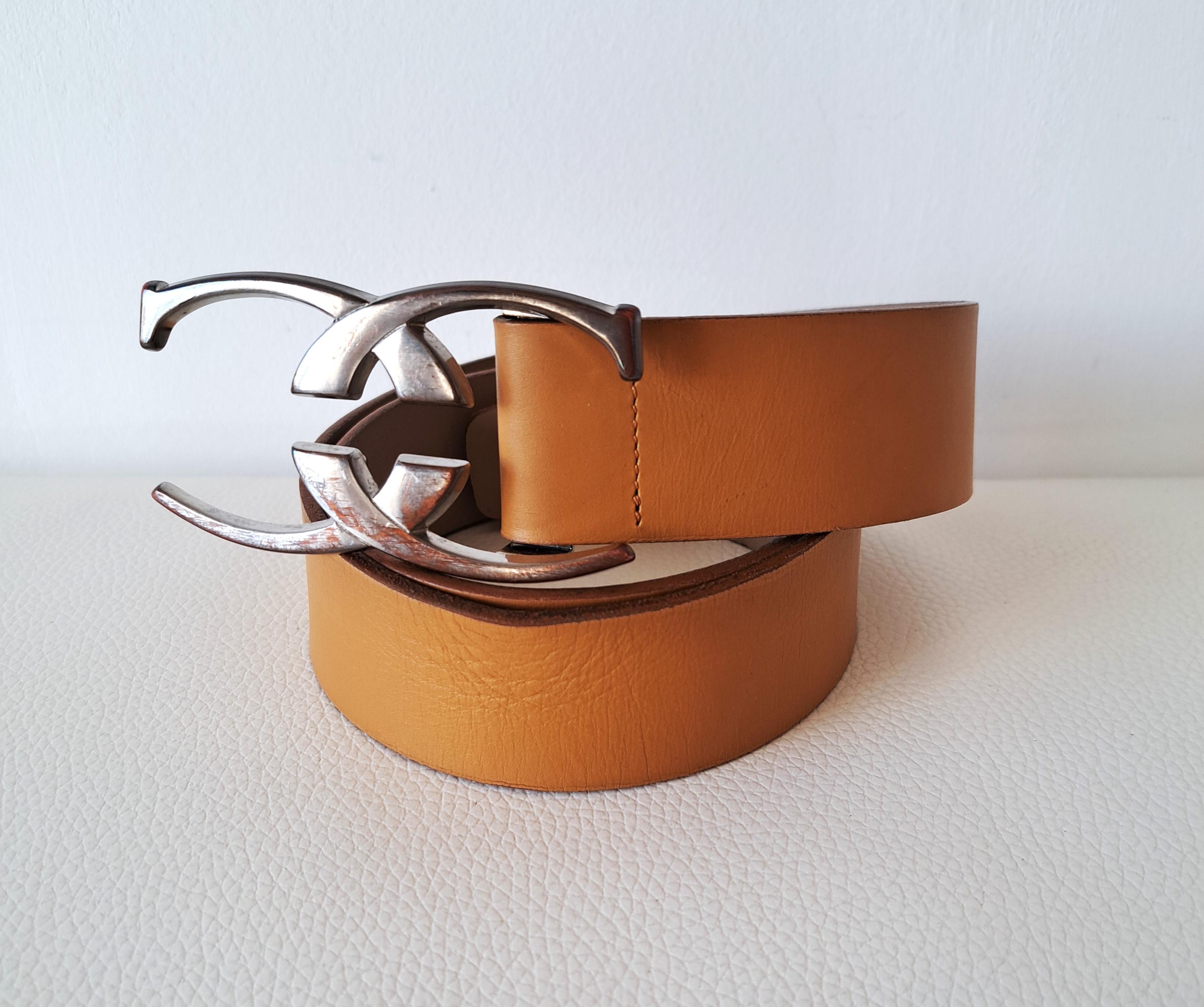 Vintage Roberto Cavalli Belt: Tan Leather With Silver Double 