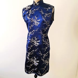 Vintage Silk Cheongsam: Dark Blue Cherry Blossom Qipao Dress (XL)