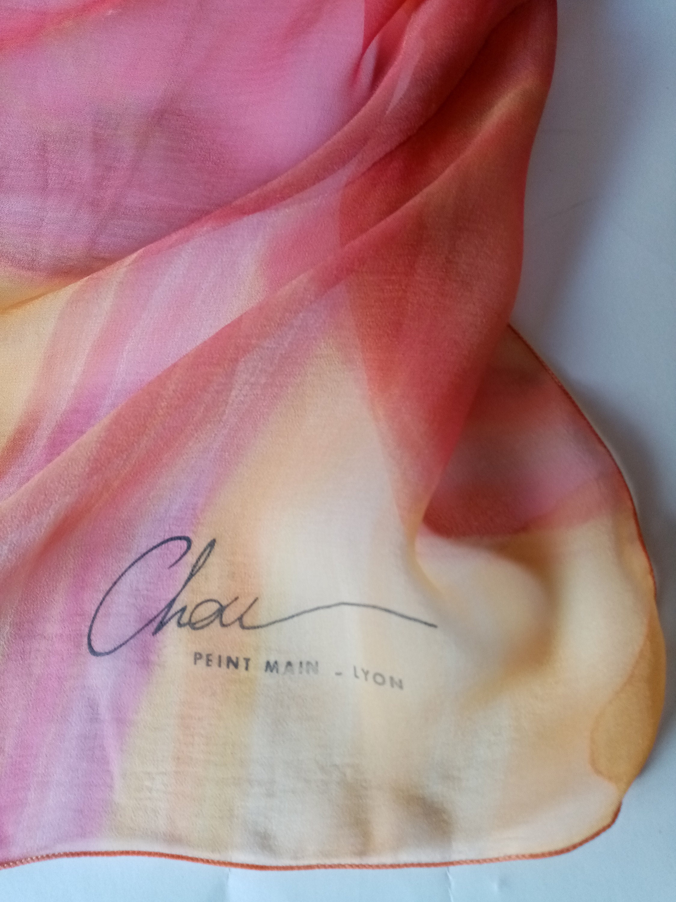Vintage Large Chiffon French Silk Scarf, Chou Hand Painted